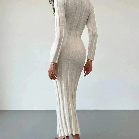 Beige Elegant Women's Crew Neck Long Warm & Comfortable Knit Casual Dress - Picture 3 of 7